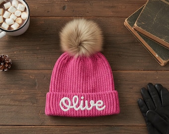 Custom Kids Beanie with PomPom: Personalized Winter Hat for Girls & Boys