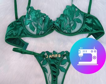 Custom name Thong Flower Mesh Embroidery Gathered Lingerie Set, Custom Thong With Letter,Removable Gold Charms Name
