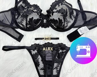 Custom Name Flower Mesh Embroidery Gathered Lingerie Set: Hand-sewn Name,Detachable Name Charm
