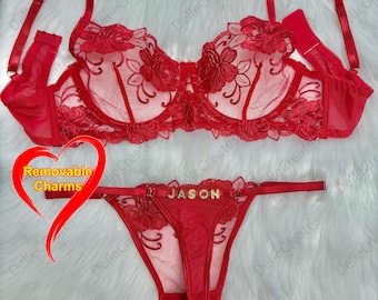 Custom name Thong Flower Mesh Embroidery Gathered Lingerie Set, Custom Thong With Letter,Removable Charms Name Thong