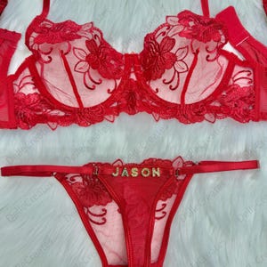 Conjunto de lencería fruncida con bordado de malla y tanga con nombre personalizado, tanga personalizada con letra