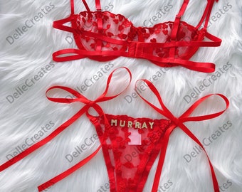 Custom name Thong Heart Mesh Embroidery Gathered Lingerie Set, Custom Thong With Letter,  Sexy Gifts For Wife