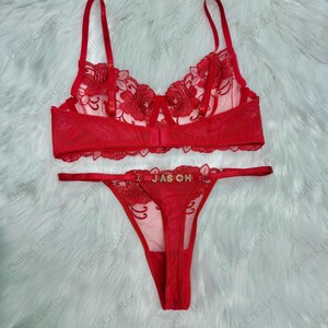 Conjunto de lencería fruncida con bordado de malla y tanga con nombre personalizado, tanga personalizada con letra