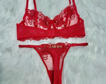 Custom name Thong Flower Mesh Embroidery Gathered Lingerie Set, Custom Thong With Letter