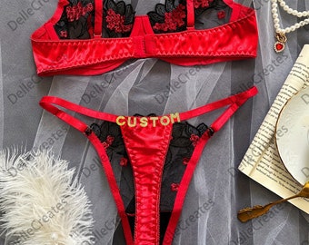 Custom name Thong Flower Mesh Embroidery Gathered Lingerie Set, Custom Thong With Letter