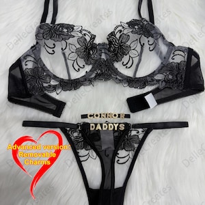 Regalo para el Día de la Madre, tanga con nombre personalizado, malla floral bordada, conjunto de lencería fruncida, tanga personalizada con letra y dije de nombre desmontable.