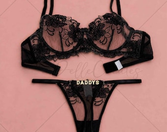 Custom name Thong Flower Mesh Embroidery Gathered Lingerie Set, Custom Thong With Letter,Detachable Name Charm
