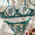 Custom name Thong Flower Mesh Embroidery Gathered Lingerie Set, Custom Thong With Letter,Flower Embroidery See-through Mesh Lingerie Set