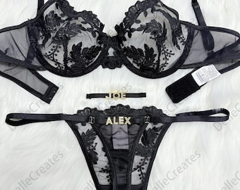 Custom Name Thong Flower Mesh Embroidery Gathered Lingerie Set, Custom Thong With Letter,Personalized Name Thong Set,Detachable Name Charm