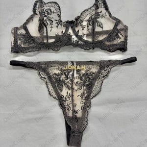 Conjunto de lencería fruncida con bordado de malla y tanga con nombre personalizado, tanga personalizada con letra