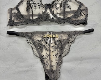 Custom name Thong Flower Mesh Embroidery Gathered Lingerie Set, Custom Thong With Letter