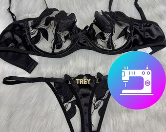 Custom name Thong Flower Mesh Embroidery Gathered Lingerie Set, Custom Thong With Letter,Removable Gold Charms Name