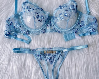 Custom Name Flower Mesh Embroidery Gathered Lingerie Set: Hand-sewn Name,Detachable Name Charm