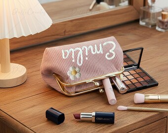 Custom Corduroy Frame Kisslock Makeup Bag: Large Capacity Toiletry Bag