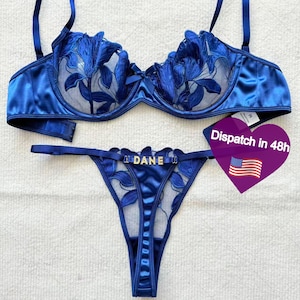 Custom name Thong Flower Mesh Embroidery Gathered Lingerie Set, Custom Thong With Letter,Removable Gold Charms Name