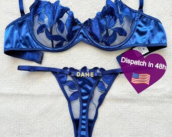 Custom name Thong Flower Mesh Embroidery Gathered Lingerie Set, Custom Thong With Letter,Removable Gold Charms Name