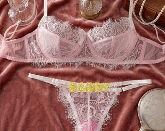 Custom Name Flower Mesh Embroidery Gathered Lingerie Set: Hand-sewn Name,Detachable Name Charm