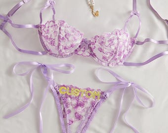 Custom Name Flower Mesh Embroidery Gathered Lingerie Set