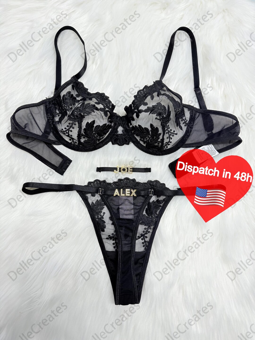 Ensemble Lingerie String Dentelle Noir - Taille S - Neuf Avec étiquettes