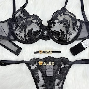Tanga con nombre personalizado, malla bordada con flores, conjunto de lencería fruncida, tanga personalizada con letra, conjunto de tanga con nombre personalizado