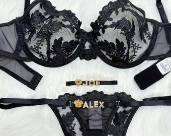 Custom Name Thong Flower Mesh Embroidery Gathered Lingerie Set, Custom Thong With Letter,Personalized Name Thong Set