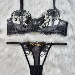 Conjunto de lencería con bordado de malla y tanga con nombre personalizado, tanga personalizada con letra, regalo de San Valentín