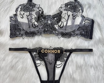 Custom name Thong Flower Mesh Embroidery Gathered Lingerie Set, Custom Thong With Letter,Valentine's Day Gift