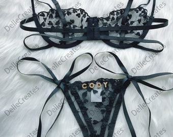 Custom name Thong Heart Mesh Embroidery Gathered Lingerie Set, Custom Thong With Letter,  Sexy Gifts For Wife