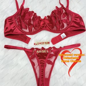 Conjunto de lencería con bordado de malla y tanga con nombre personalizado, tanga personalizada con letras, dijes de nombre desmontables