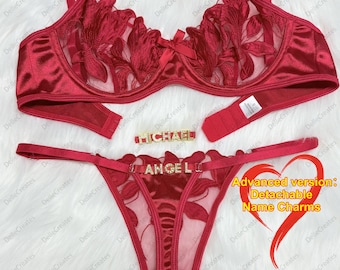 Custom name Thong Flower Mesh Embroidery Gathered Lingerie Set, Custom Thong With Letter,Detachable Name Charms