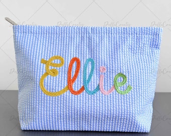 Personalized Travel Makeup Bag, Seersucker Cosmetic Pouch, Custom Name Makeup Bag, Beach Bag Organizer, Summer Vacation Gift