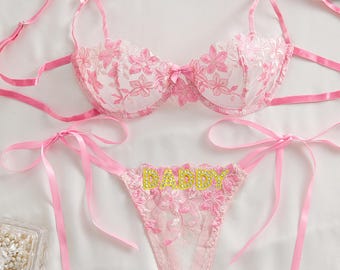 Custom Name Flower Mesh Embroidery Gathered Lingerie Set: Hand-sewn Name,Detachable Name Charm