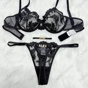 Conjunto de lingerie bordado com nome personalizado, tanga com flor, tanga personalizada com letra, conjunto de tanga com nome personalizado