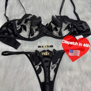 Custom name Thong Flower Mesh Embroidery Gathered Lingerie Set, Custom Thong With Letter,Removable Gold Charms Name