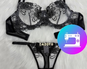 Custom name Thong Flower Mesh Embroidery Gathered Lingerie Set, Custom Thong With Letter,Detachable Name Charm