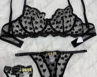 Custom name Thong Heart Mesh Embroidery Gathered Lingerie Set, Custom Thong With Letter, Sexy Gifts For Wife,Removable Gold Charms Name