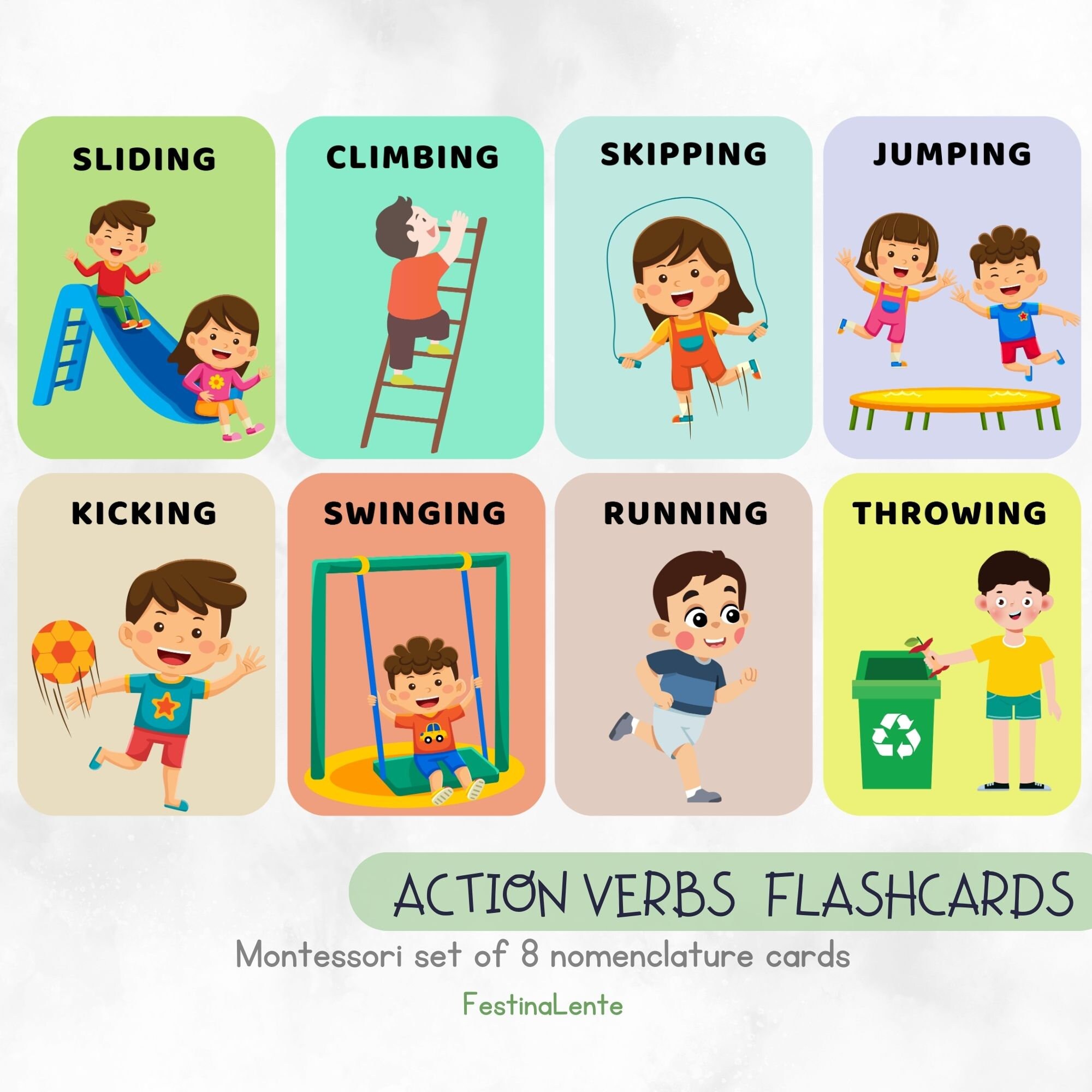 8 Action Verbs Nomenclature Flashcards Visual Learning Language
