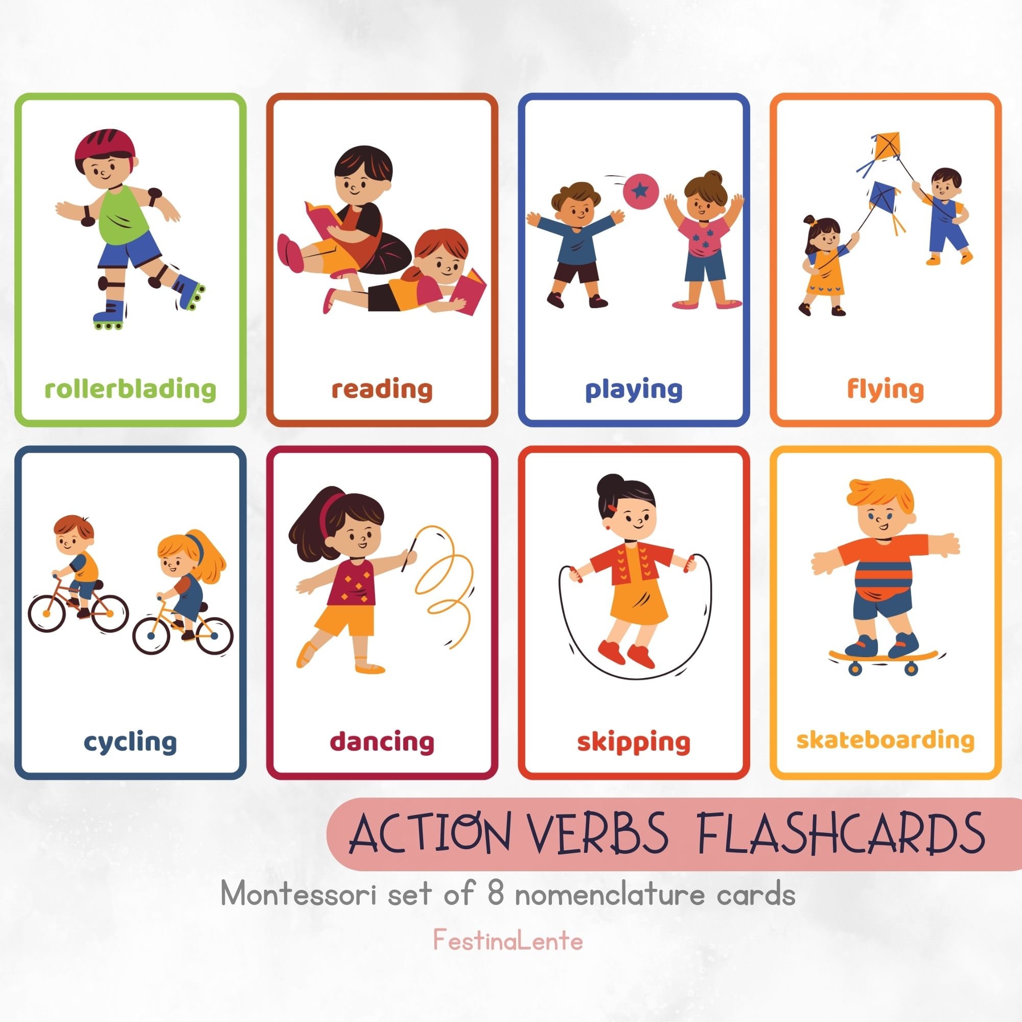 8 Action Verbs Nomenclature Flashcards Kids Education Visual 8 Action Verbs Nomenclature Flashcards Kids Education Visual