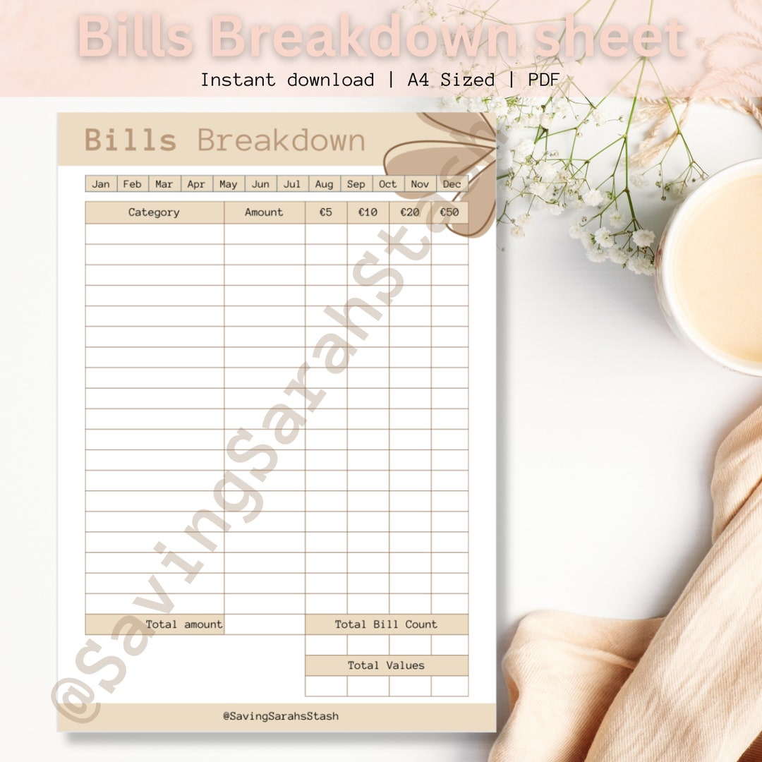 Bills Breakdown Sheet A4 PDF - Etsy