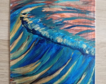 Peinture acrylique, couché de soleil sur une vague