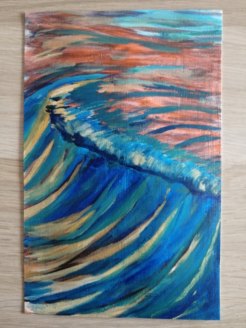 Peinture acrylique, couché de soleil sur une vague image 1