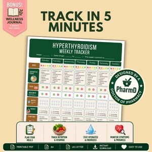 May include: A printable Hyperthyroidism Weekly Tracker document featuring a grid for tracking mood, supportive foods, focus, movement, water intake, energy levels, and symptoms across seven days, with a circular badge stating Designed by a PharmD.