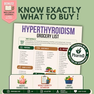 May include: A Hyperthyroidism grocery list document featuring categories for proteins, vegetables, and items to buy in moderation. The page includes a smart shopping tip, a circular badge stating designed by a PharmD, and sections for budget ideas.