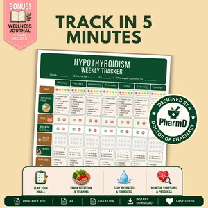 Puede incluir: Un documento imprimible de seguimiento semanal de hipotiroidismo con una cuadrícula para registrar el estado de ánimo, alimentos, enfoque, ejercicio, agua, energía y síntomas. Incluye una insignia circular Designed by a PharmD Doctor of Pharmacy.