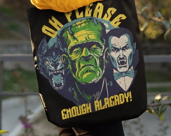 Frankenstein Horror Halloween Tote Bag, Werewolf and Vampire Shoulder Bag, Trick or Treat, Gothic Monsters, Funny Monsters, Gothic Gift