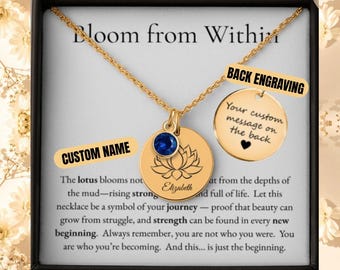 Collar personalizado "Nuevos comienzos", collar de flor de loto, "El siguiente capítulo", caja de regalo para despedida de divorcio, collar con piedra de nacimiento