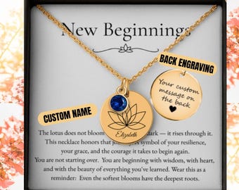 Collar personalizado "Nuevos comienzos", collar de flor de loto, "El siguiente capítulo", caja de regalo para despedida de divorcio, collar con piedra de nacimiento