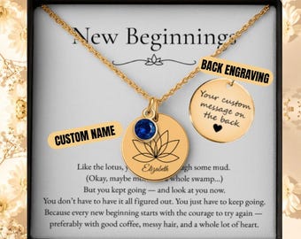 Collar personalizado "Nuevos comienzos", collar de flor de loto, "El siguiente capítulo", caja de regalo para despedida de divorcio, collar con piedra de nacimiento