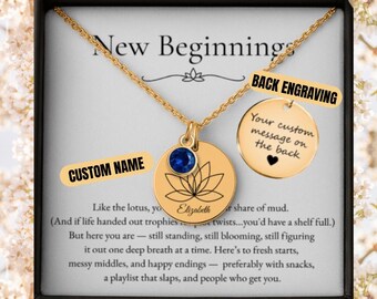 Collar personalizado "Nuevos comienzos", collar de flor de loto, "El siguiente capítulo", caja de regalo para despedida de divorcio, collar con piedra de nacimiento