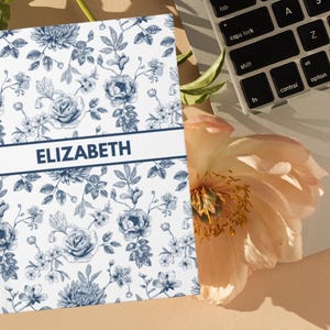 Personalized Blue Toile Journal, Customized Coquette Notebook for Women, Custom Name Journal, Bridesmaid Proposal, Wedding Bridal Party Gift